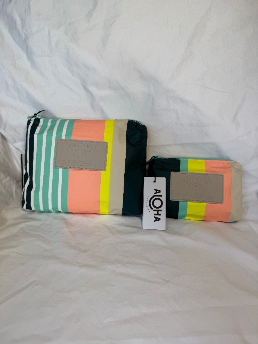 ALOHA Collection Playa Stripes Dark Teal Small + Mini Pouch Set NWT Discontinued